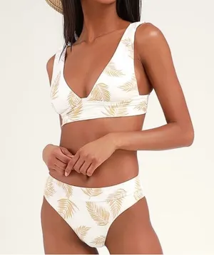 Billabong Dos Palmas Cream Palm Leaves Bikini plunge top NWOT thumbnail 1