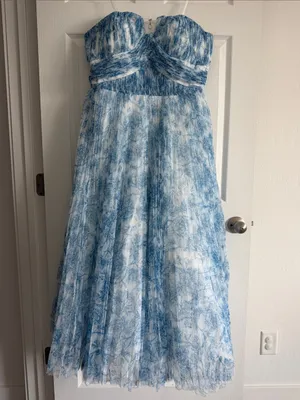 Hutch Corene Strapless Floral Tulle Midi Dress Blue Chinoiserie Plus Size 22W thumbnail 2