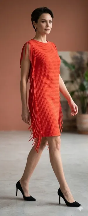 English Factory Red Textured Fringe Shift Dress thumbnail 1