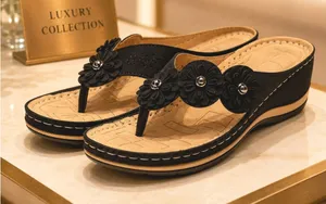 Lightweight Low Wedge Thong Sandals Black 10 thumbnail 1