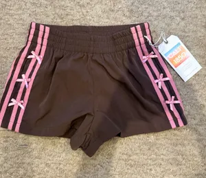 Brown athletic shorts with pink stripes and bows thumbnail 1