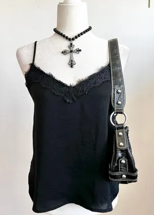 Black Lace Trim‎ Cami Top, Y2K, Coquette, Grunge, Romantic, Sleeveless, XS thumbnail 1