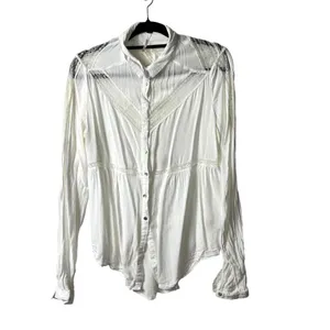 Free People White Lace Panel Rayon Gauze Button Down Blouse Small Boho Top thumbnail 3