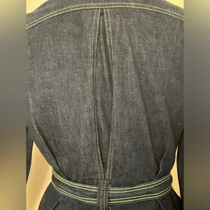 No Tag Denim Tie Blue Jean Jacket With Yellow Thread Collar Button Down Sz 9/10. thumbnail 9