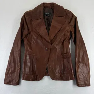 ZARA WOMAN Brown‎ Leather Blazer Jacket Button Front Outerwear Size Medium thumbnail 1