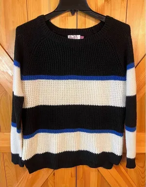SO Woman’s Sweater Blue & White & Black Striped Size Large (3340) thumbnail 1