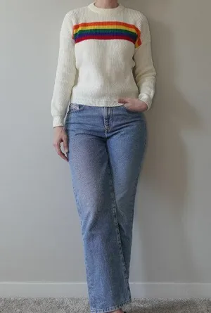 Rainbow Cream Knit Cozy Crew Neck Sweater One Size White thumbnail 1