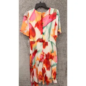Maggy London Women Dress 10 Cream Coral Polyester Floral Popover Midi Flutter thumbnail 6