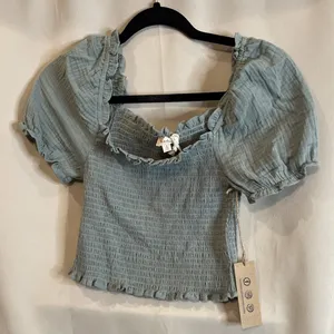 Hem Thread Womens S Sage Green Smocked Puff Sleeve Top Ruffle Gauze‎ NEW Boho thumbnail 1