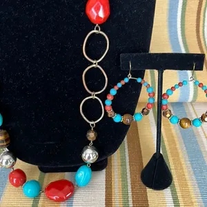 Chunky Turquoise Orange Beaded Rustic Necklace and Earrings Bohemian Jewelry Set thumbnail 4