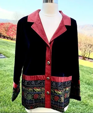 Coldwater Creek Small Jacket Velvet Button Front Black Wine Tapestry Holiday thumbnail 3