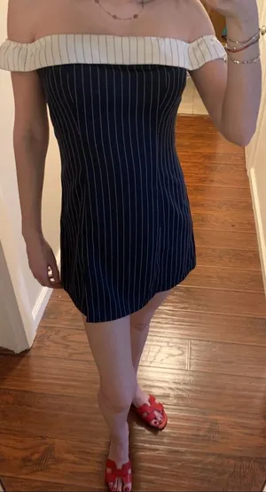 Cider Navy Pinstripe Off-Shoulder Mini Dress with Cream Trim thumbnail 1