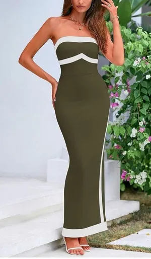 PRETTYGARDEN NEW Olive Green Bodycon Strapless Slit Cocktail Party Tube Maxi Dress S thumbnail 7