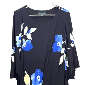 NWT‎ Ralph Lauren Blue Floral Black 3/4 Bell Sleeve Stretch Dress Size 8 thumbnail 5