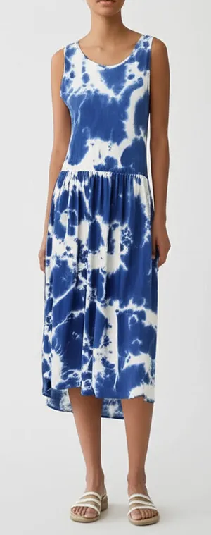 LONGYUAN Womens Sleeveless Dress Size XL Blue White Tie Dye‎ Flowy Gathered thumbnail 1