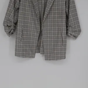 Rachel Zoe Blazer Women's Medium Grey White Open Ruched Sleeve Plaid Classic thumbnail 3