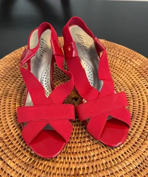 Dexflex by Dexter‎ Women Red Patent Wedge Sandals Elastic Cross Strap Slingback thumbnail 1
