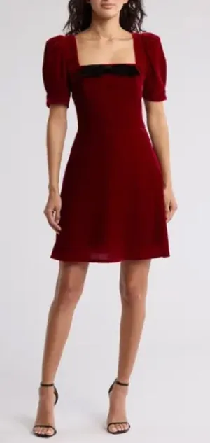 WAYF Scarlet Velvet Puff Sleeve Mini Dress M NWT Holiday Party Red‎ thumbnail 1