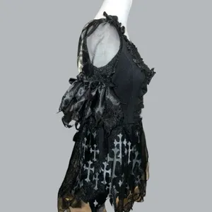 Gothic Black torn shredded look Dress with White Cross Pattern Size L thumbnail 6