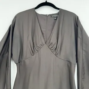 Banana Republic Satin Brown Bloussant-Sleeve Midi Dress V Neck Career Office 4 thumbnail 4