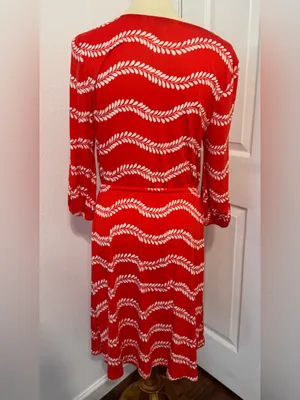BODEN Talia Red Jersey Dress Leaf Striped Print 3/4 Sleeves Drawstring Waist 8 thumbnail 4