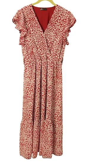 PRETTYGARDEN Women's Maxi Dress Red Leopard Print Flutter Sleeve Tiered Size‎ M thumbnail 1