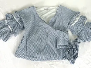 English Factory Crop Top Puff Sleeve White and Blue thumbnail 1
