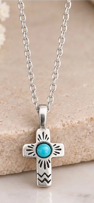 Southwestern Turquoise Cross Sterling Silver Sand Cast New Sterling Plate Chain thumbnail 1