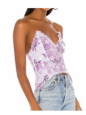 h:ours Lilac Lace-Trim Floral V-Neck Cami corset bustier sz S NWT thumbnail 2