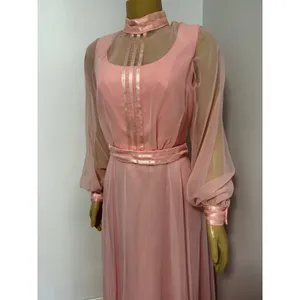 Vintage 70s Pink Chiffon Maxi Gown Sheer Bishop Sleeve Mock Neck Formal Dress thumbnail 4