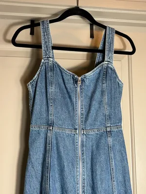 GAP Denim Maxi Dress XXS Front Zip Smocked Back Medium Wash thumbnail 2