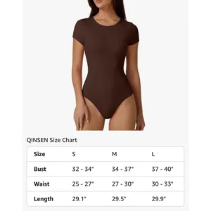 QINSEN‎ Women's Small Crew Neck Short Sleeve Bodysuit Double Lined Shirt Brown thumbnail 3