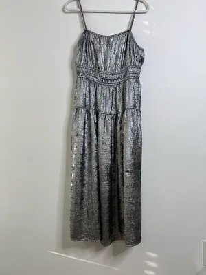 Y2K Metallic Boho Smocked Waist defined Midi Dress L Party Prom Graduation Glam thumbnail 3