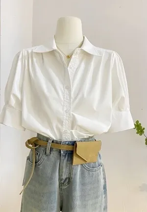 White French Puff Sleeve Blouse Women Button Up‎ Shirt Summer Top fits Size xs thumbnail 1