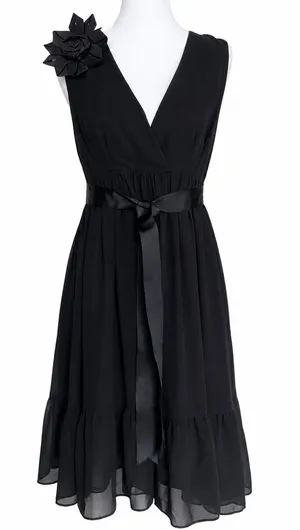 Wendy Katlen Black Chiffon V-Neck Cocktail Dress Size 4 Rosette Ruffle Hem LBD thumbnail 1