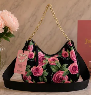 Juicy Couture Black Pink Rose Floral Print Mini Shoulder Bag Gold Chain Strap thumbnail 1