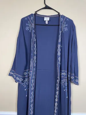 Knox Rose Women’s Boho Embroidered Cross Stitch Blue Kimono Cardigan thumbnail 2