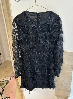 SHEIN Black Sequin Fringe Long Sleeve Mini Dress – Size M thumbnail 1