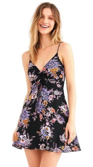 Free People Women Happy Heart Floral Mini Dress S Black Purple Ruched Tie Front thumbnail 1