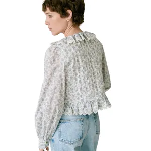 SEZANE Women’s Alexiana Blouse Blue Floral Print Quilted Long Sleeve thumbnail 3