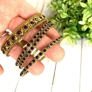 4 bangle bracelets festival ready boho rhinestone Purple thumbnail 1