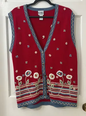 VTG Red Floral Embroidered Sweater Vest Women M Cottagecore Western Grandmacore thumbnail 1