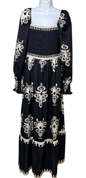 Womens Black Cream Damask Smocked Maxi Dress Long Sleeve Boho Peasant Size L thumbnail 1