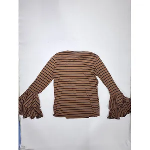 andthewhy Brown Black Striped Long Sleeve Ruffle Bell Sleeve Top Womens Small thumbnail 3