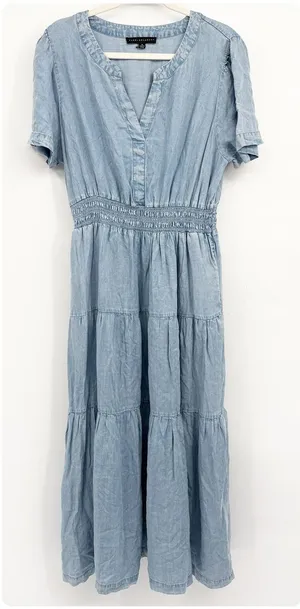 Jane + Delancey Womens Chambray Lyocell Smocked Waist Boho Tiered Midi Dress XL thumbnail 1