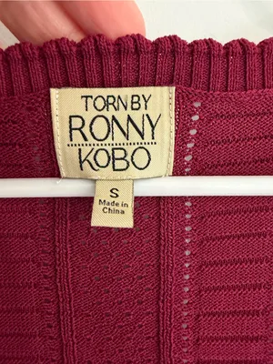 Torn by Ronny Kobo Burgundy Pointelle‎ Knit Peplum Top Small thumbnail 2