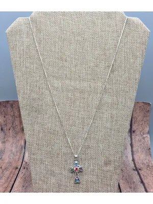 925 Sterling Silver Box Chain Pendant Necklace Dainty 30" Colorful Crystal Cross thumbnail 6