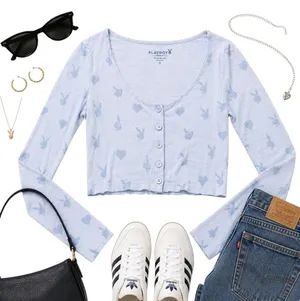 Playboy PacSun Y2K Bunny Heart Print Blue Cropped Cardigan Top Womens Small GUC thumbnail 1