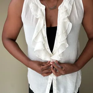 Ann Taylor Loft White Ruffle Button Down Tank Top Size Small thumbnail 3