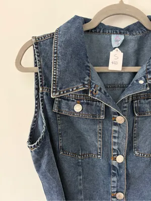 Like Love Blue Denim Button Down Tie Waist Sleeveless Cotton Knee Length Dress S thumbnail 2